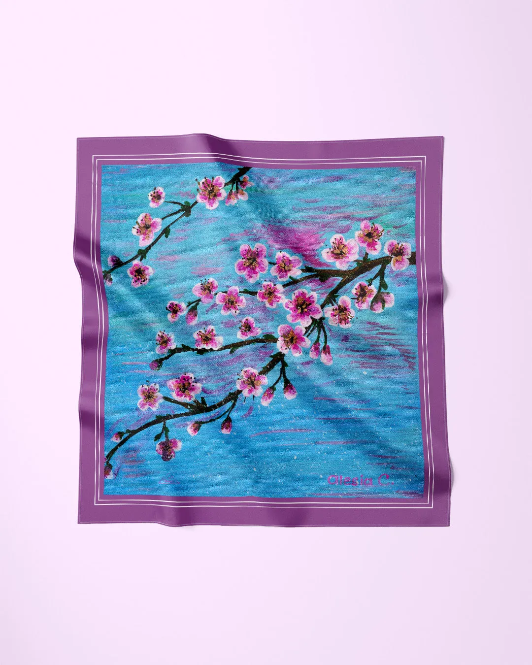 CHERRY BLOSSOM Designer 100% Silk Art-A-Porte Scarf in Blue Lavender