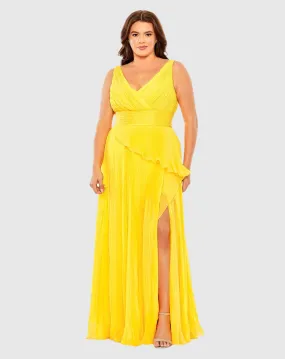 Chiffon Pleated V-Neck Ruffle Gown (Plus) - FINAL SALE