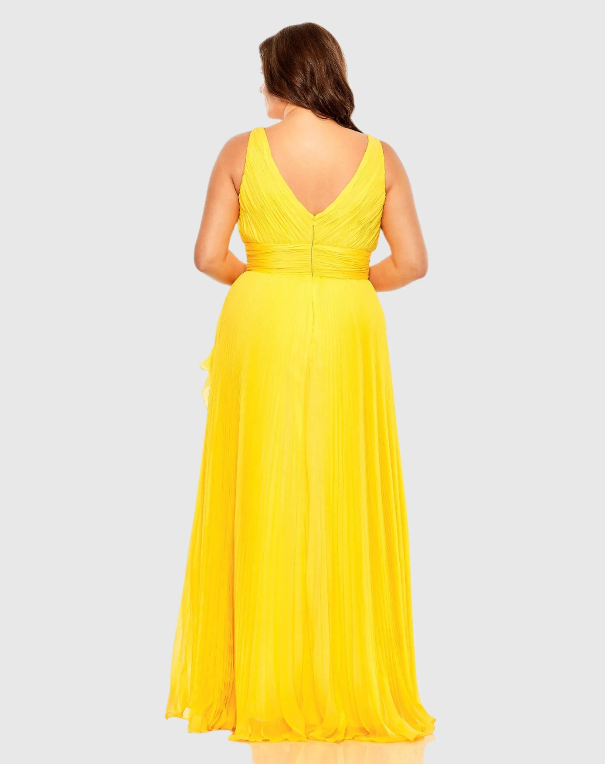 Chiffon Pleated V-Neck Ruffle Gown (Plus) - FINAL SALE