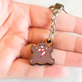 Christmas Brown Bear with scarf Wood Keyring- KL10270