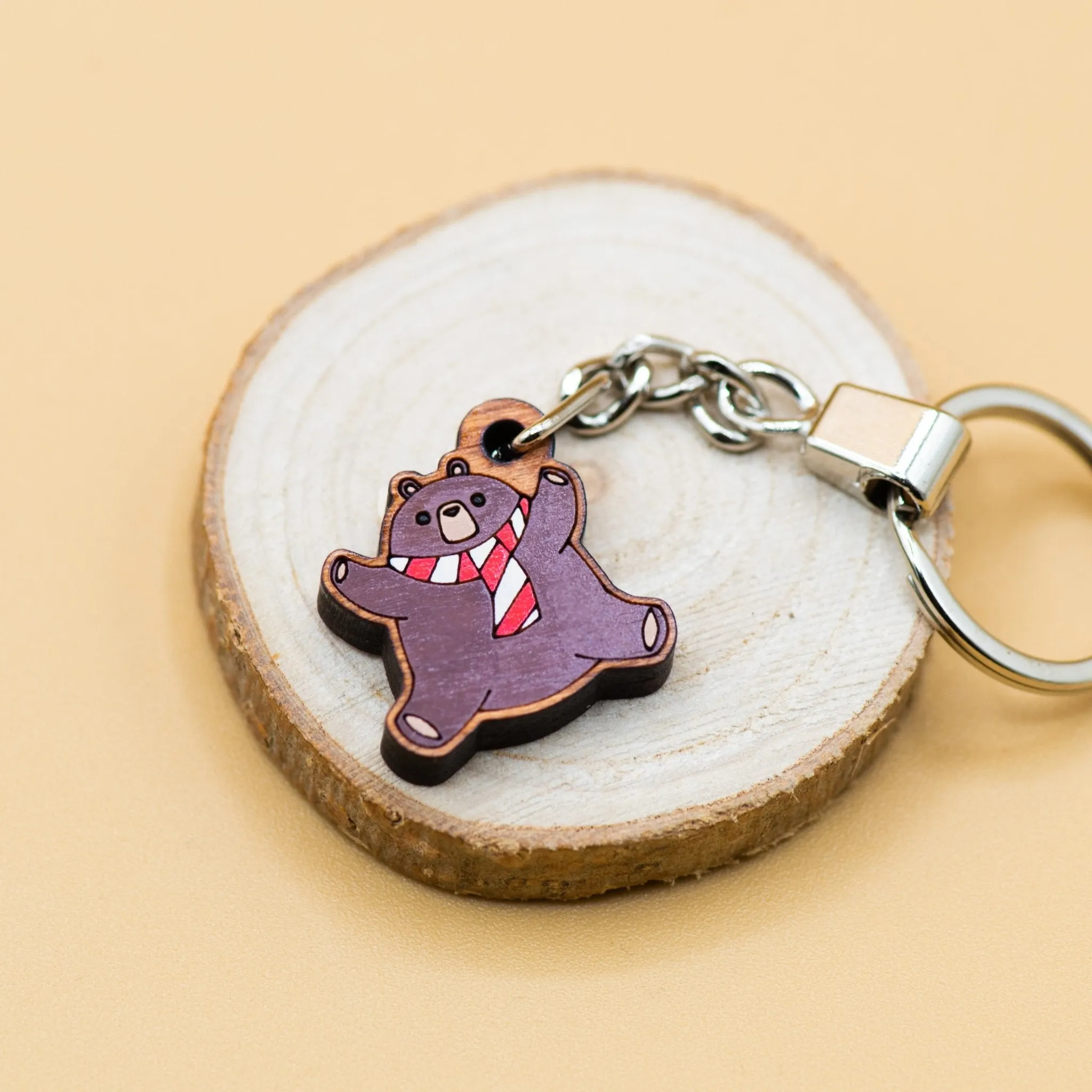 Christmas Brown Bear with scarf Wood Keyring- KL10270