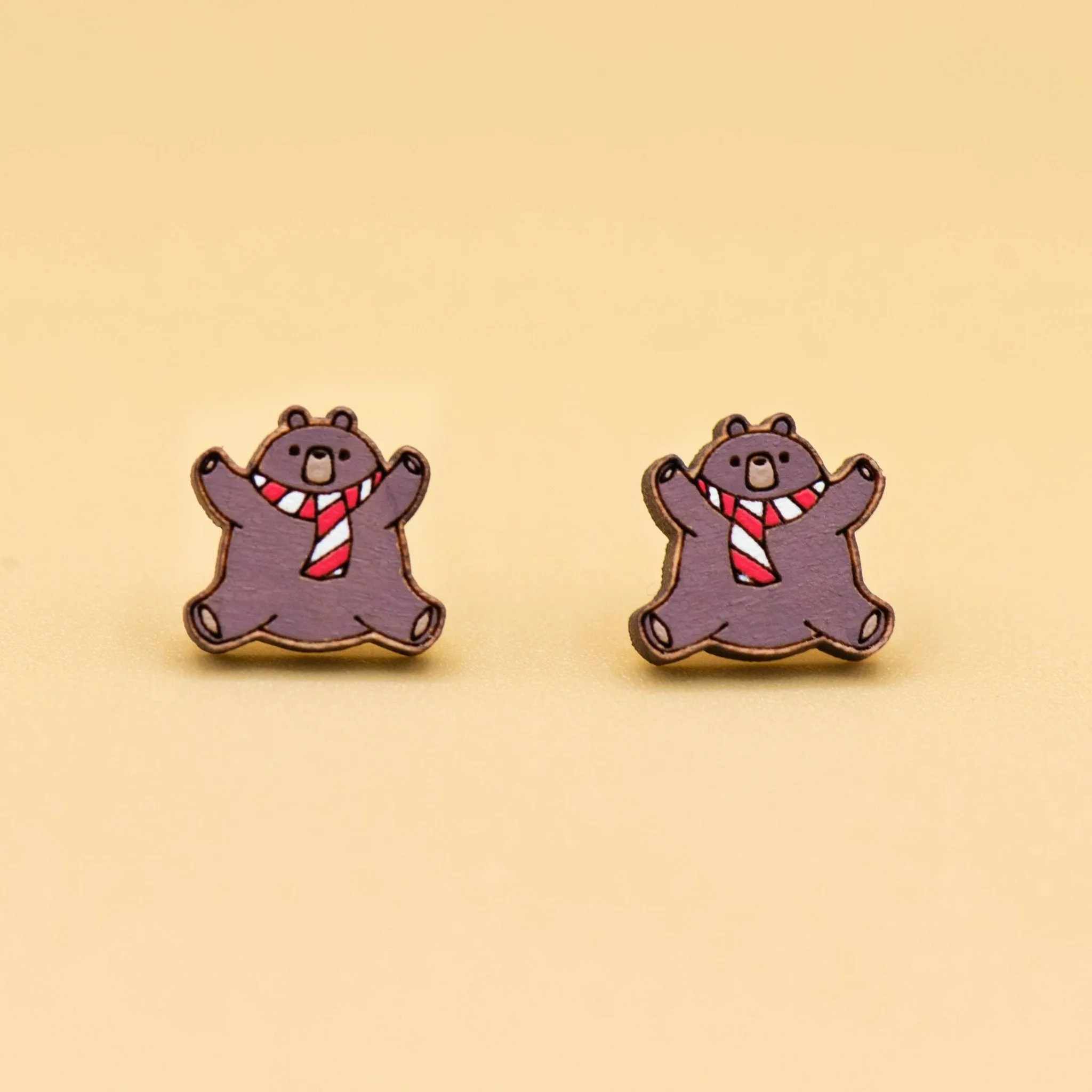 Christmas Brown Bear with scarf Wooden Earrings - PEL10270