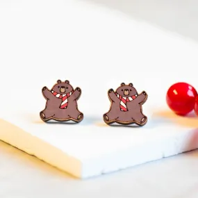 Christmas Brown Bear with scarf Wooden Earrings - PEL10270