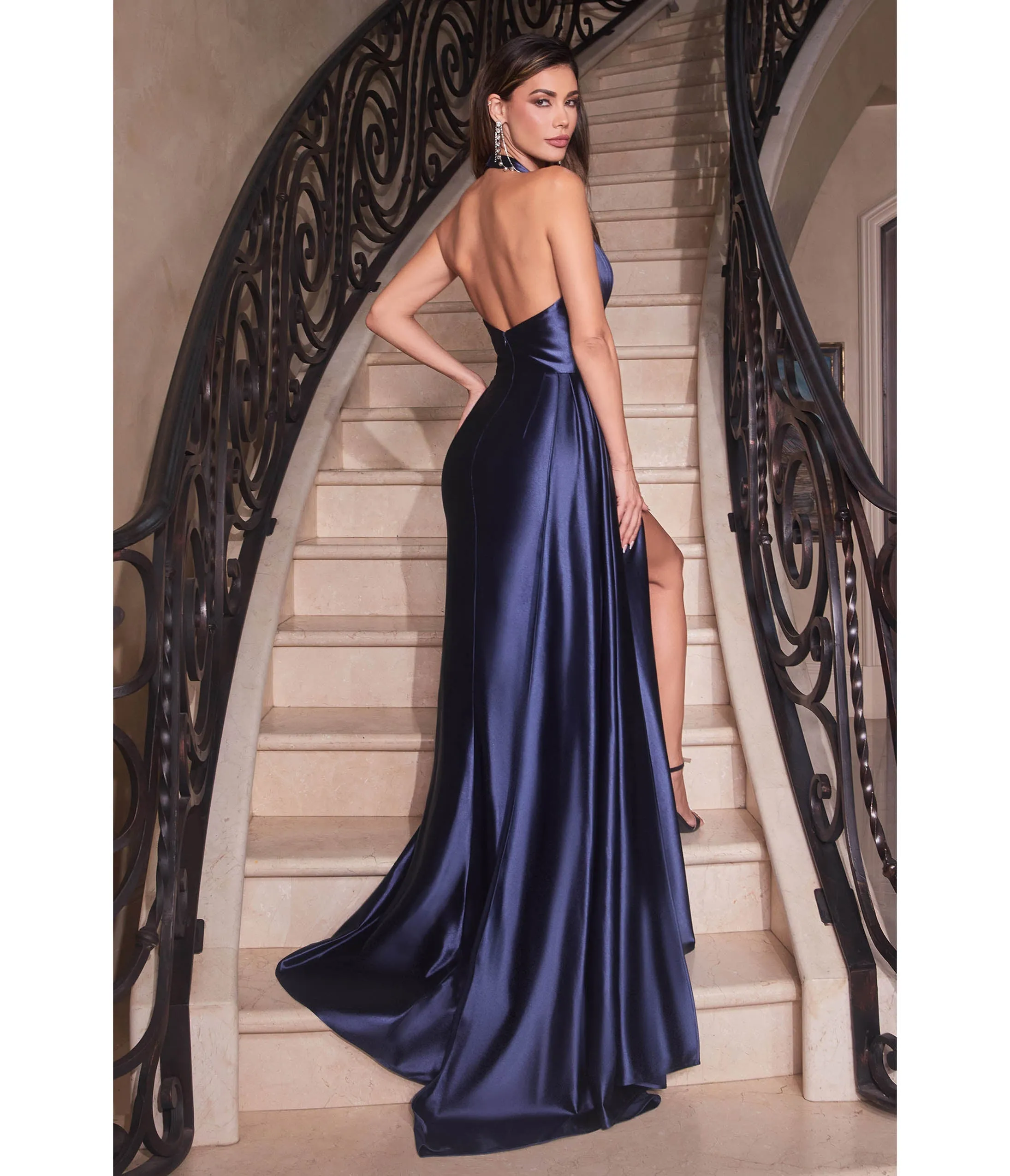 Cinderella Divine  Navy Pleated Satin Halter Fitted Slit Dress