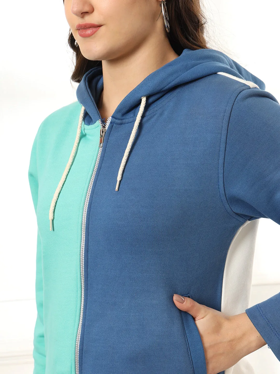 Colourblocked Hooded Cotton Front Open Sweatshirt