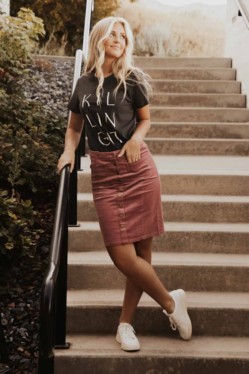 Corduroy Button Down Skirt in Pink