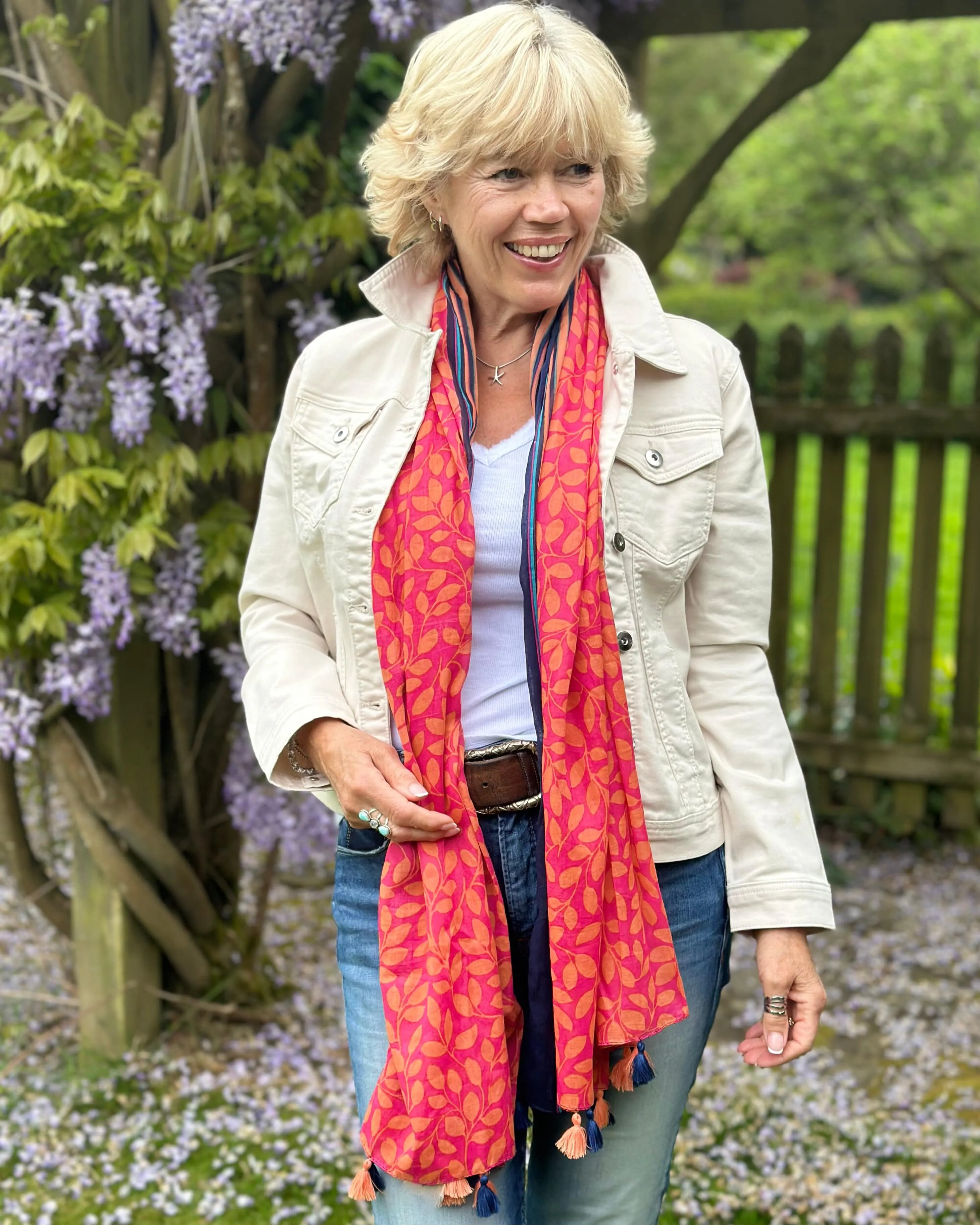 Cotton Leaf Print Scarf - Red/Orange