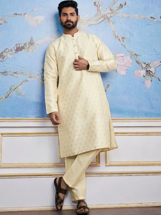 Cream-Coloured Ethnic Motifs Woven Design Kurta with Trousers