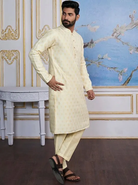 Cream-Coloured Ethnic Motifs Woven Design Kurta with Trousers