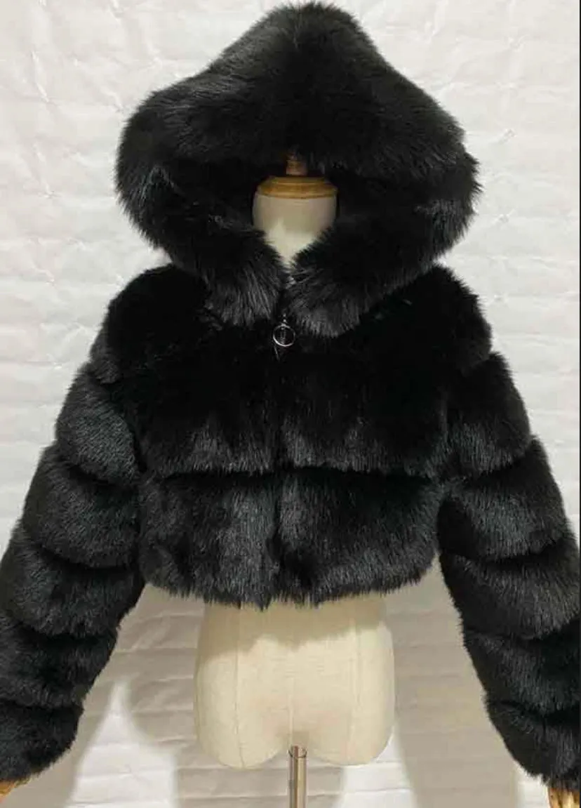 Cropped Hooded Faux Fur Coat