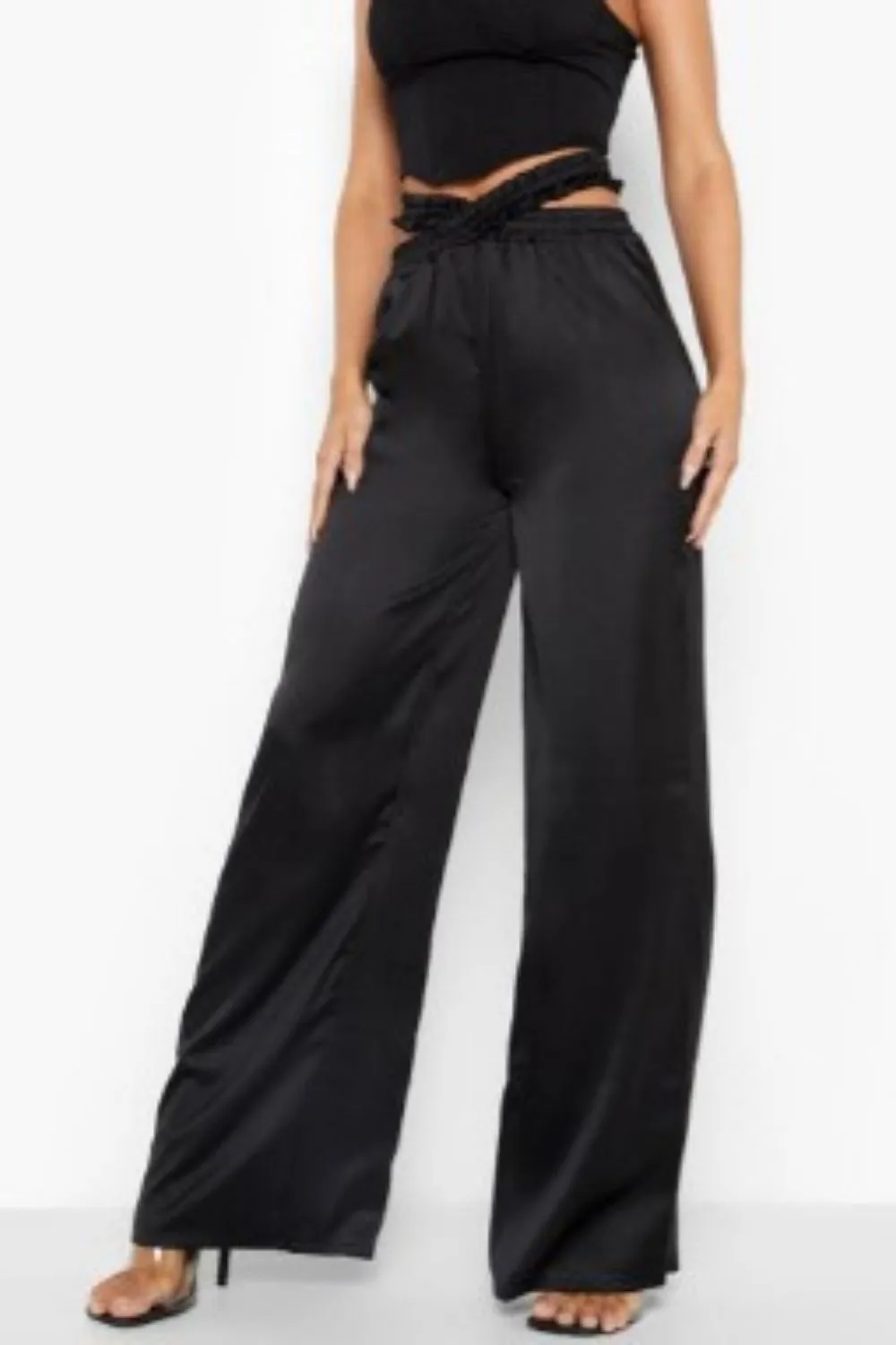 Cross Front Elasticated Belt Wide Leg Trouser