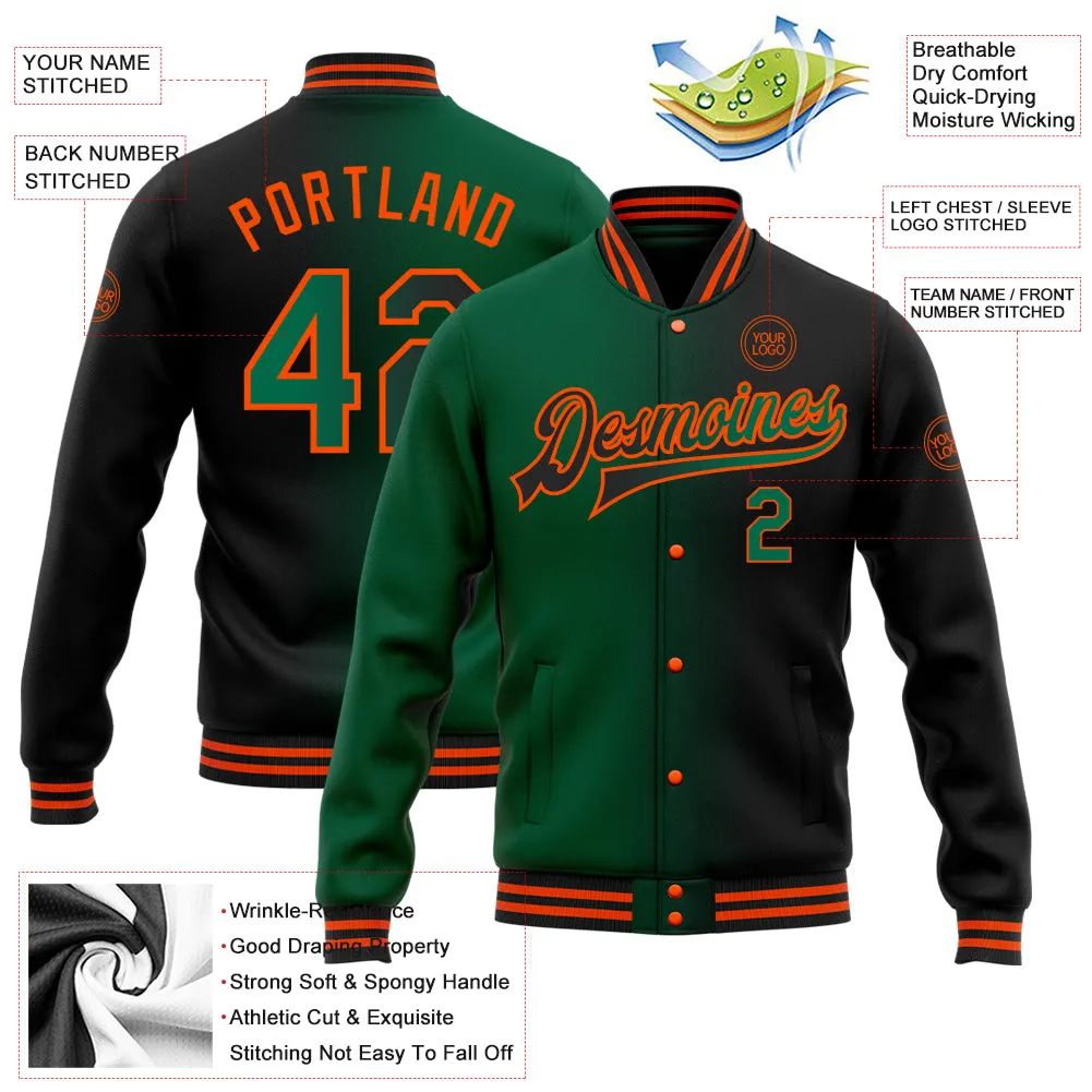 Custom Black Kelly Green-Orange Bomber Full-Snap Varsity Letterman Gradient Fashion Jacket