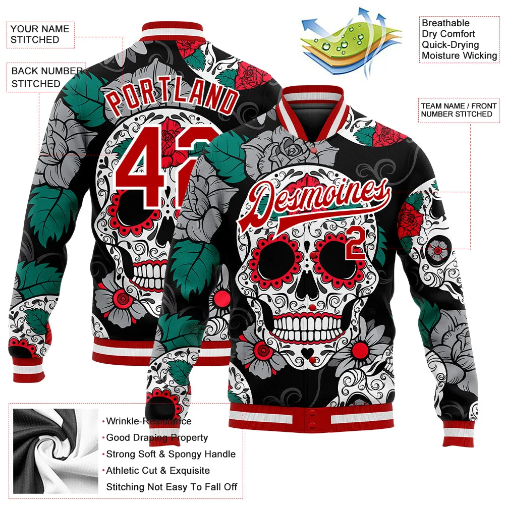 Custom Black Red-White Skull Fashion 3D Bomber Full-Snap Varsity Letterman Jacket