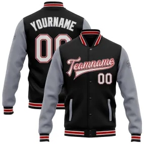 Custom Black White Red-Gray Bomber Full-Snap Varsity Letterman Two Tone Jacket