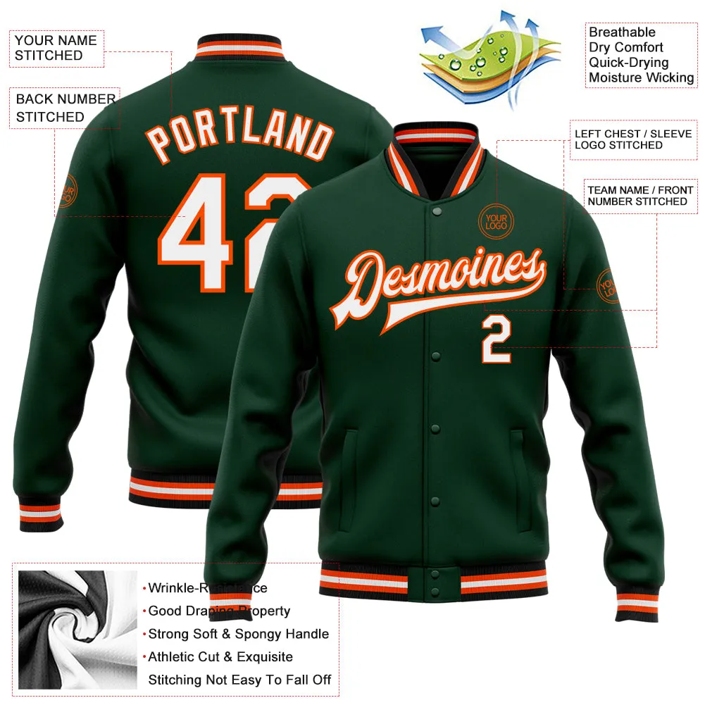 Custom Green White Orange-Black Bomber Full-Snap Varsity Letterman Jacket