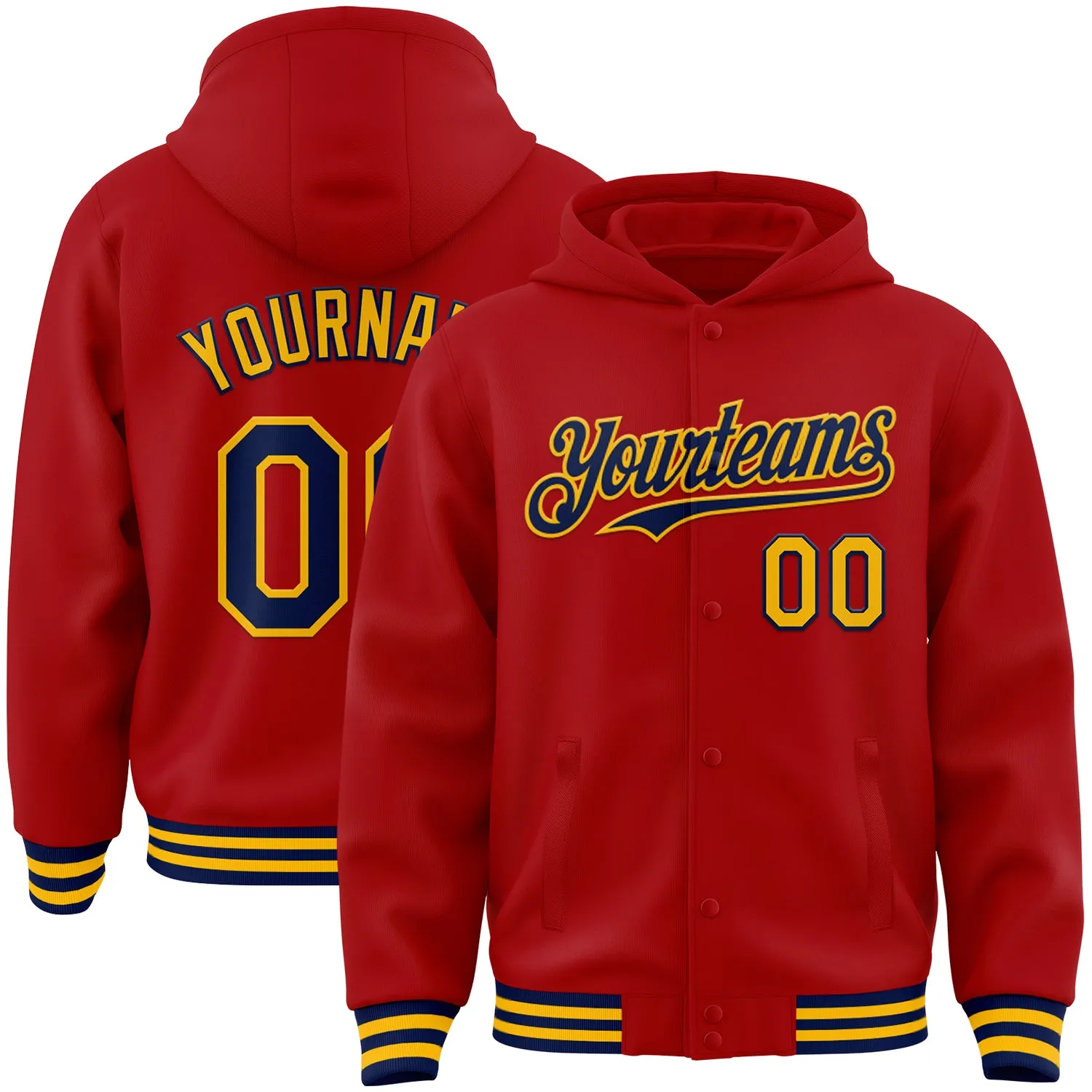 Custom Red Navy-Gold Bomber Full-Snap Varsity Letterman Hoodie Jacket