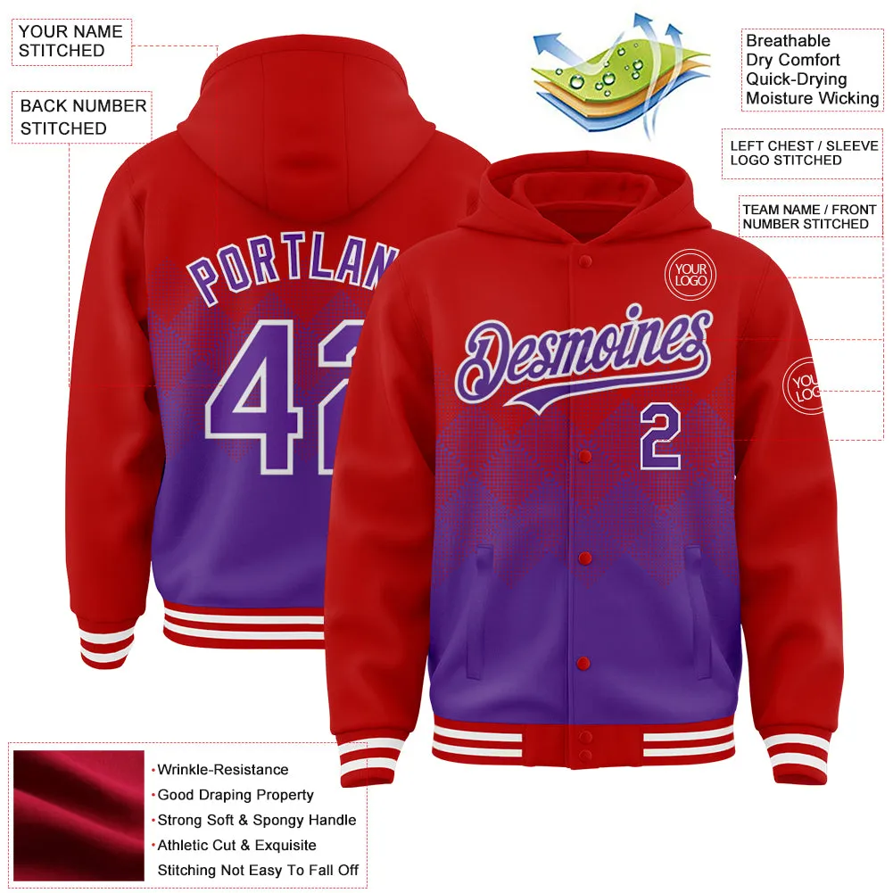 Custom Red Purple-White Gradient Square Shape 3D Pattern Design Bomber Full-Snap Varsity Letterman Hoodie Jacket