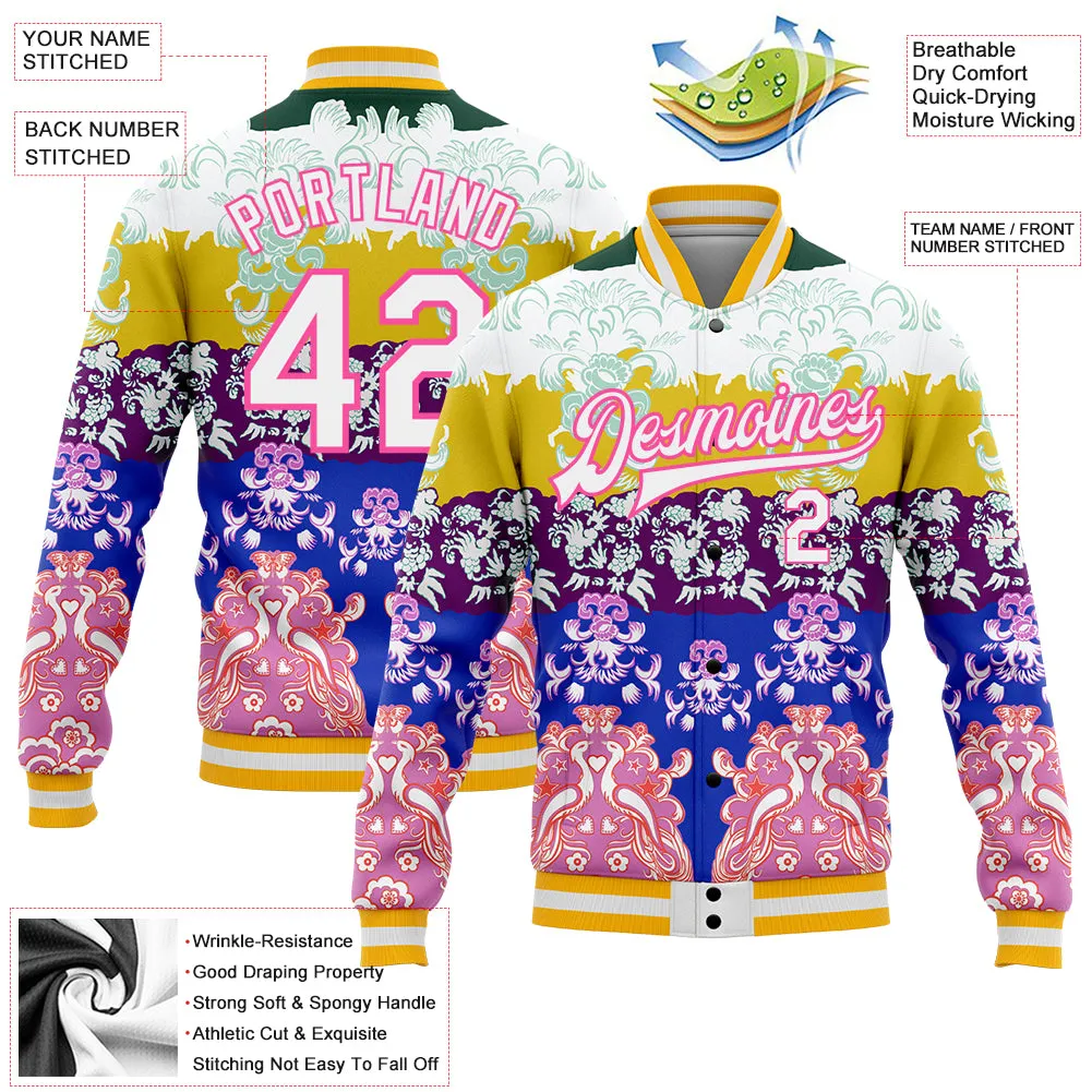 Custom White Pink-Gold Heron 3D Pattern Design Bomber Full-Snap Varsity Letterman Jacket