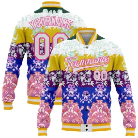 Custom White Pink-Gold Heron 3D Pattern Design Bomber Full-Snap Varsity Letterman Jacket