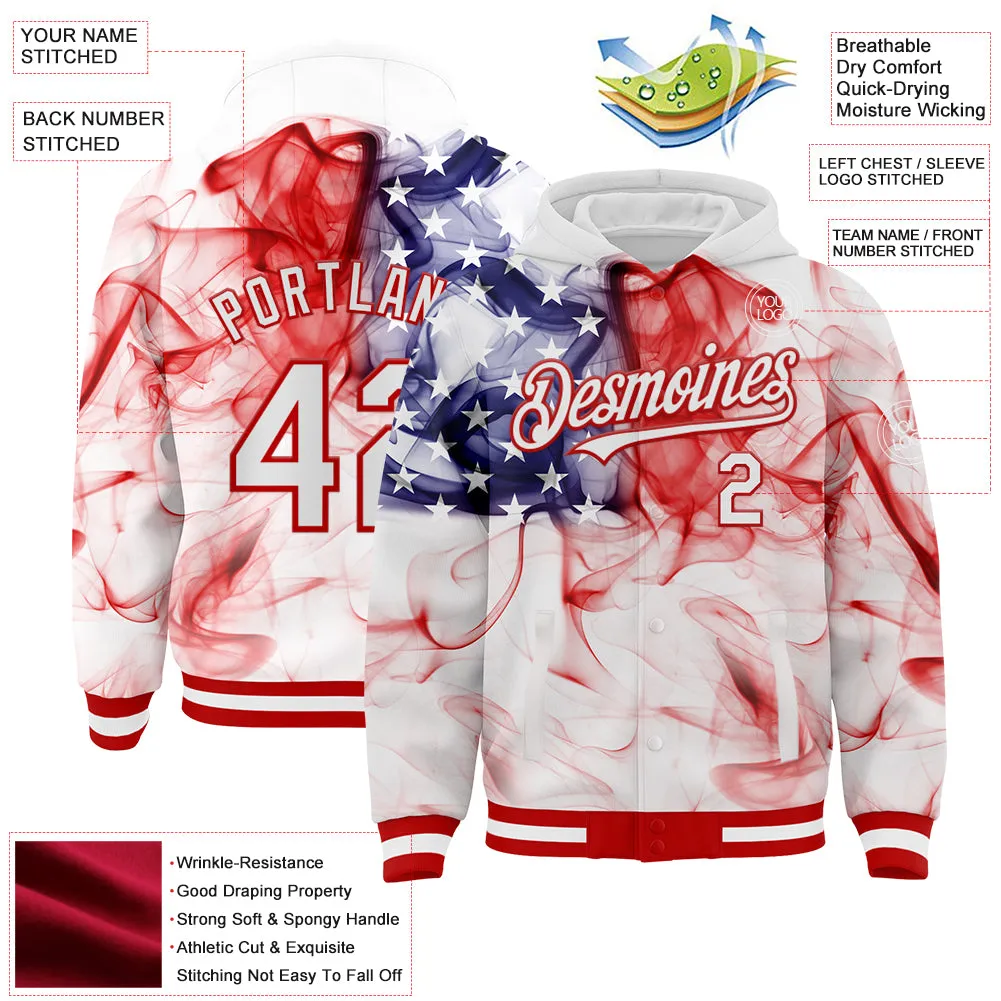 Custom White Red-Royal American Flag Fashion 3D Bomber Full-Snap Varsity Letterman Hoodie Jacket