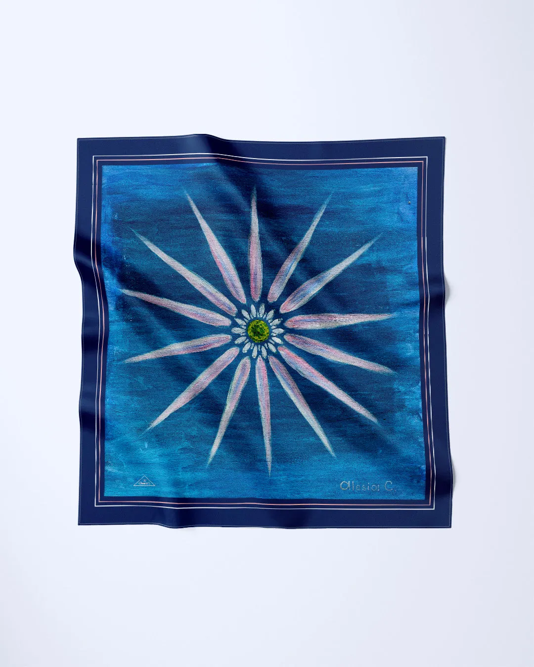 DAISY MANDALA Designer 100% Silk Art-A-Porte Scarf in Blue Pink