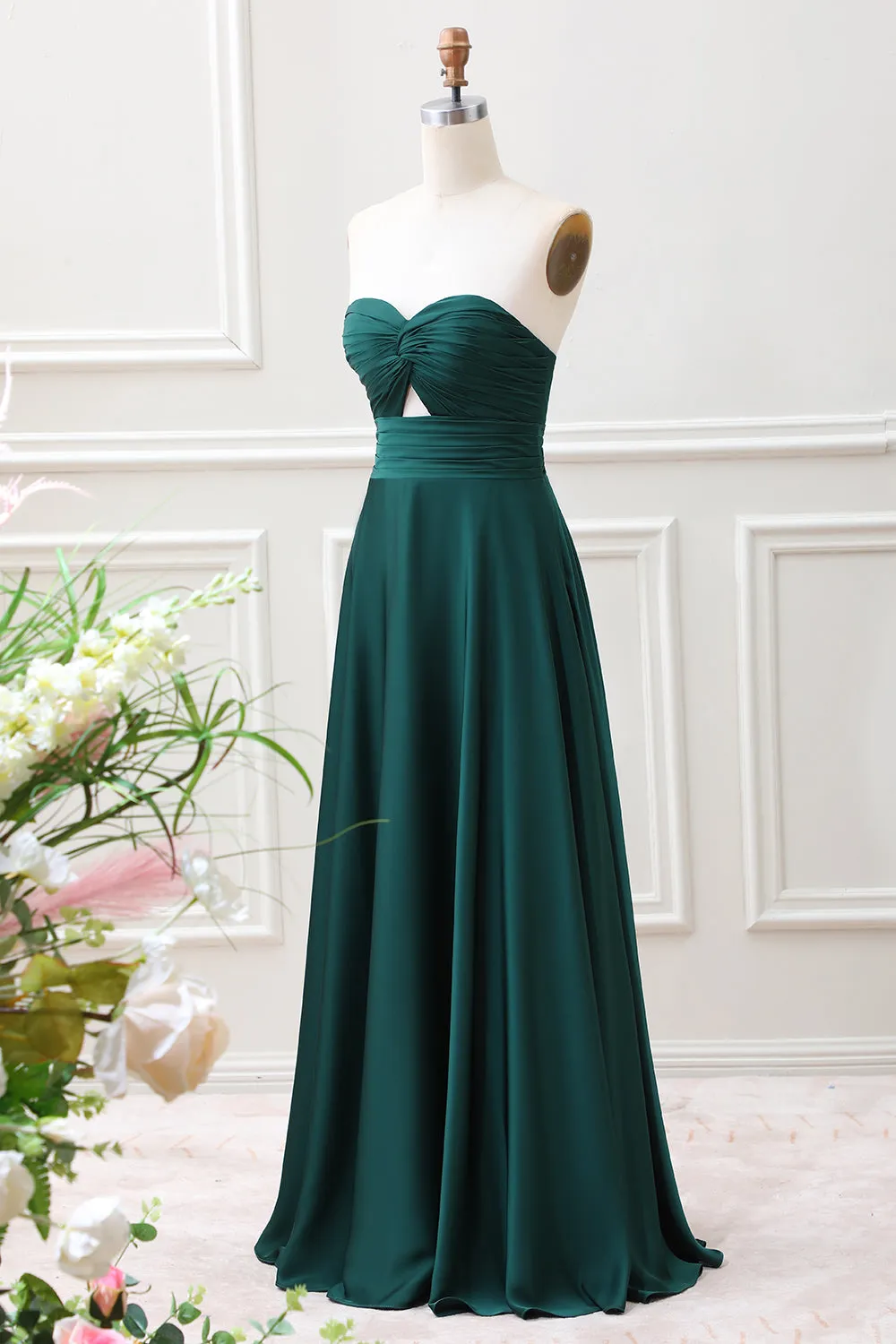 Dark Green A Line Sweetheart Keyhole Pleated Maxi Dress