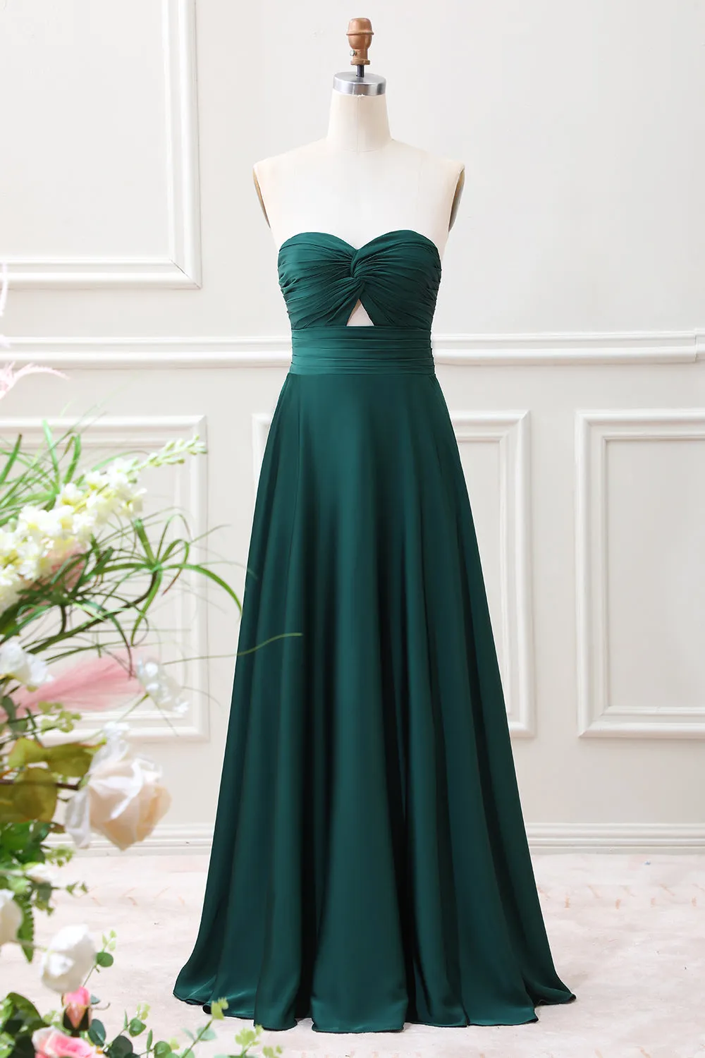 Dark Green A Line Sweetheart Keyhole Pleated Maxi Dress