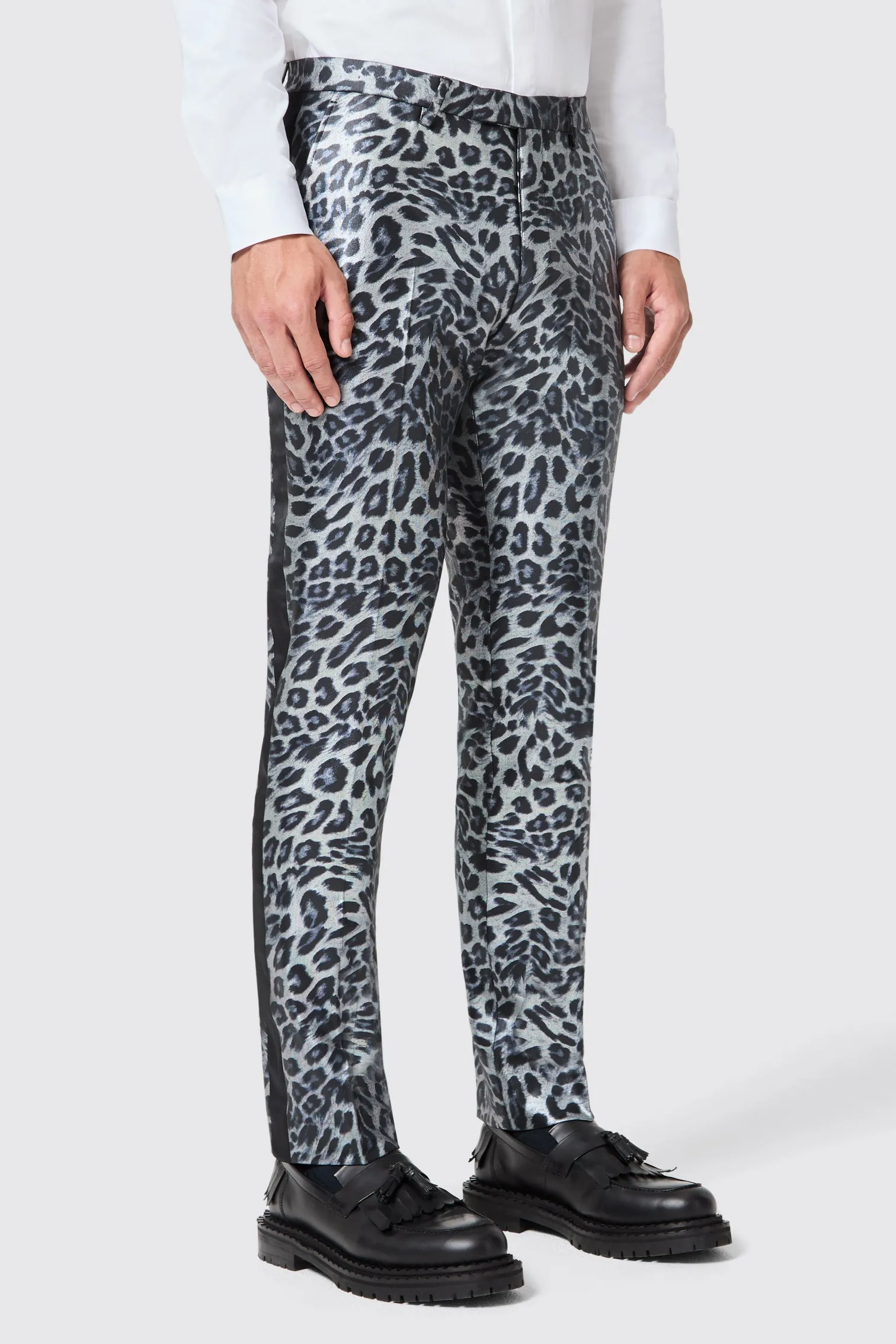 Devries Slim Fit Silver Leopard Print Tuxedo Trousers