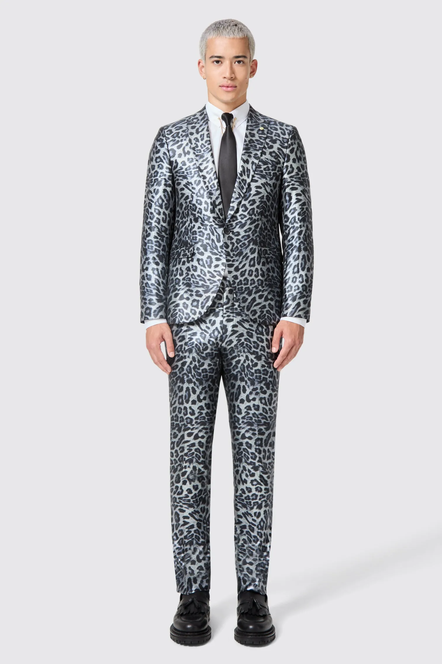 Devries Slim Fit Silver Leopard Print Tuxedo Trousers