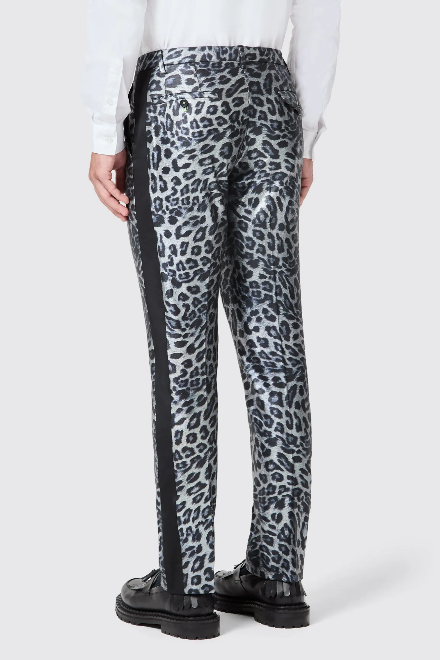 Devries Slim Fit Silver Leopard Print Tuxedo Trousers