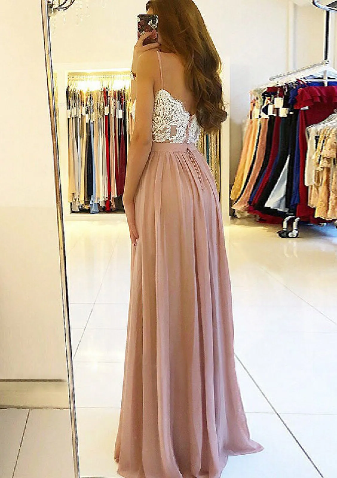 Dusty Rose A-line Straps Split Lace Pleated Chiffon Prom Dress