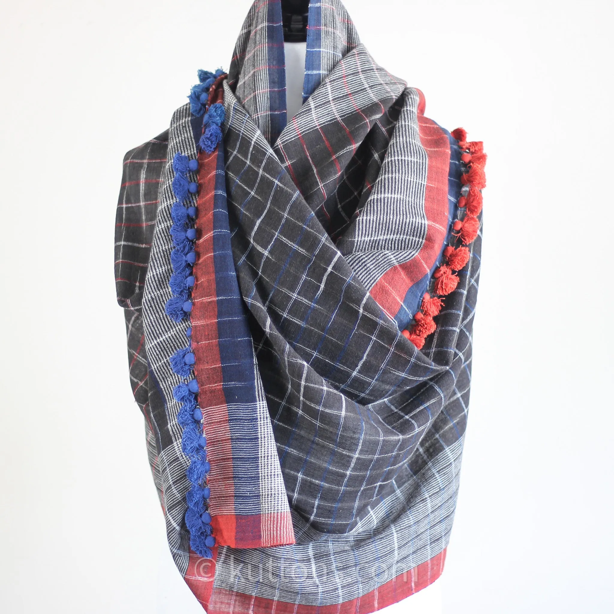 Eco Chic Elegance - Handspun & Handwoven Organic Cotton Scarf, Dyed Naturally, Empowering Women Weavers | Blue-Red, 24x76"