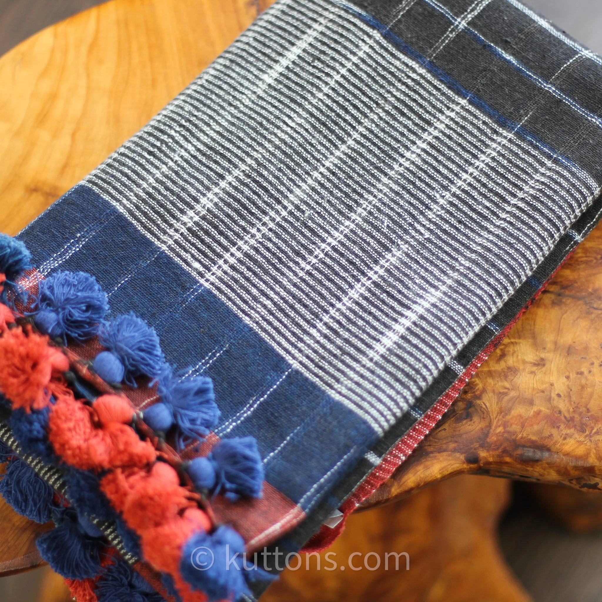 Eco Chic Elegance - Handspun & Handwoven Organic Cotton Scarf, Dyed Naturally, Empowering Women Weavers | Blue-Red, 24x76"