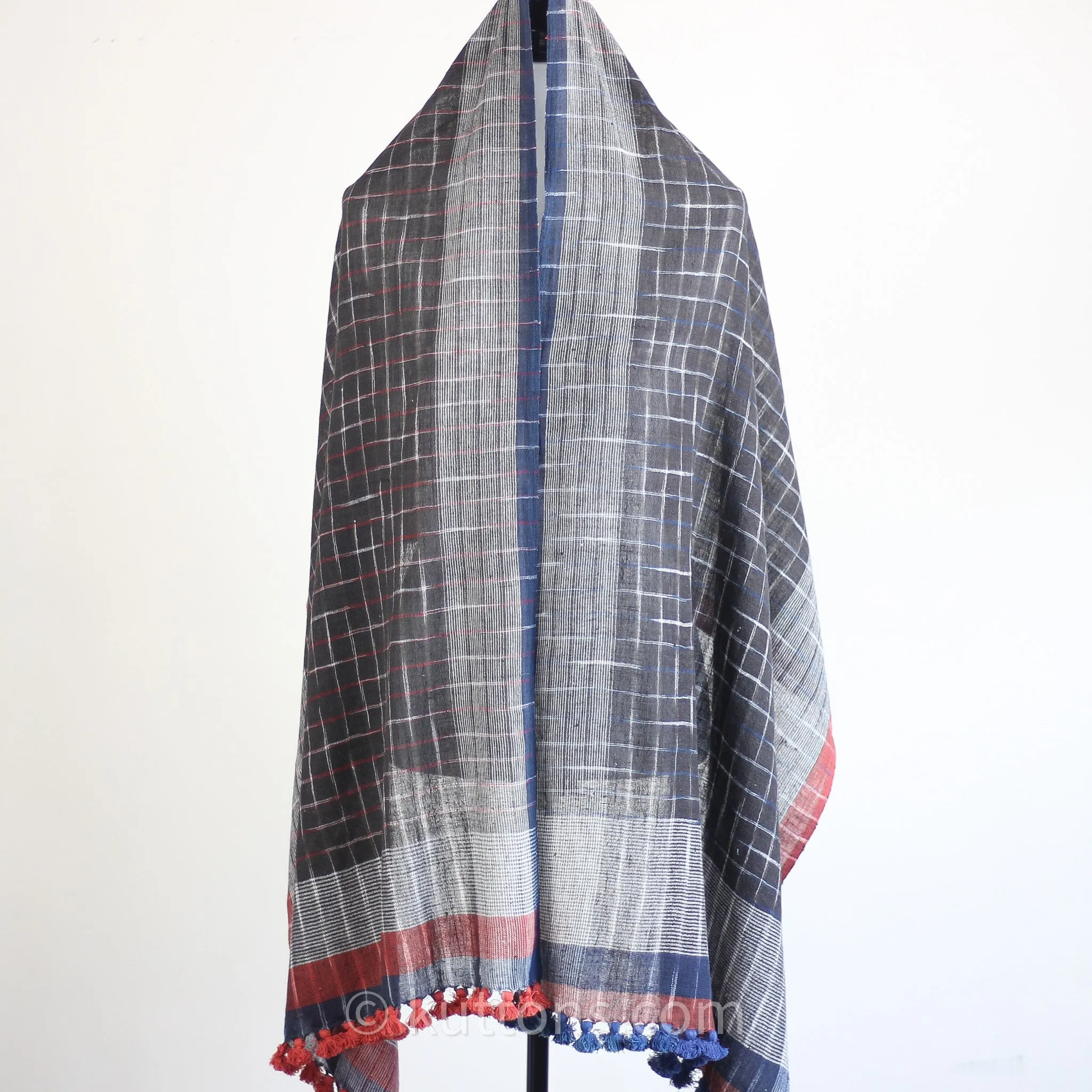 Eco Chic Elegance - Handspun & Handwoven Organic Cotton Scarf, Dyed Naturally, Empowering Women Weavers | Blue-Red, 24x76"