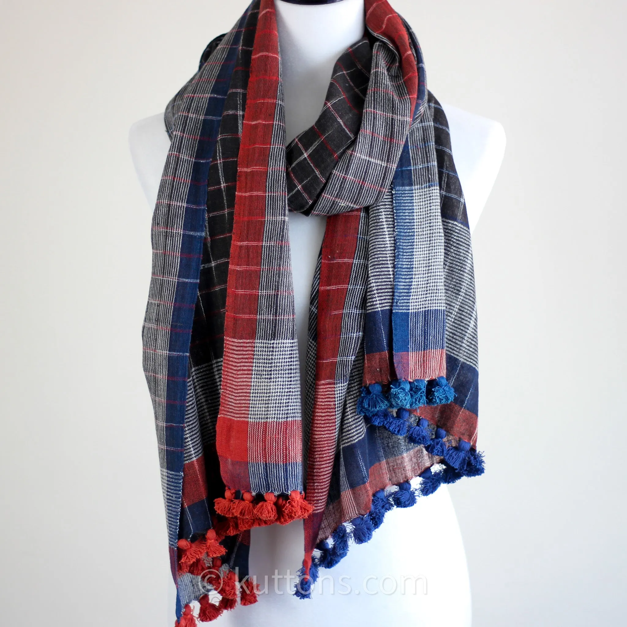 Eco Chic Elegance - Handspun & Handwoven Organic Cotton Scarf, Dyed Naturally, Empowering Women Weavers | Blue-Red, 24x76"