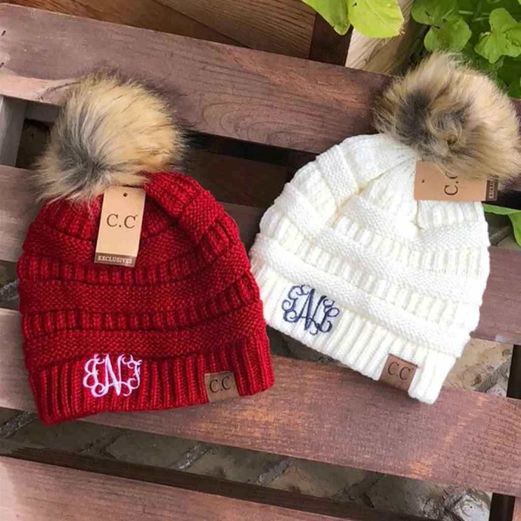 Embroidered Adult Fur Pom Beanie