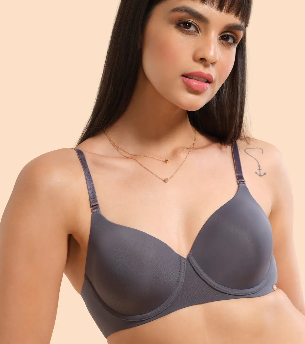 Enamor Dope Dye F057 Eco-Friendly T-shirt Bra for Women with Crush-Proof Cups- High Coverage, Padded And Wired - Ink Grey