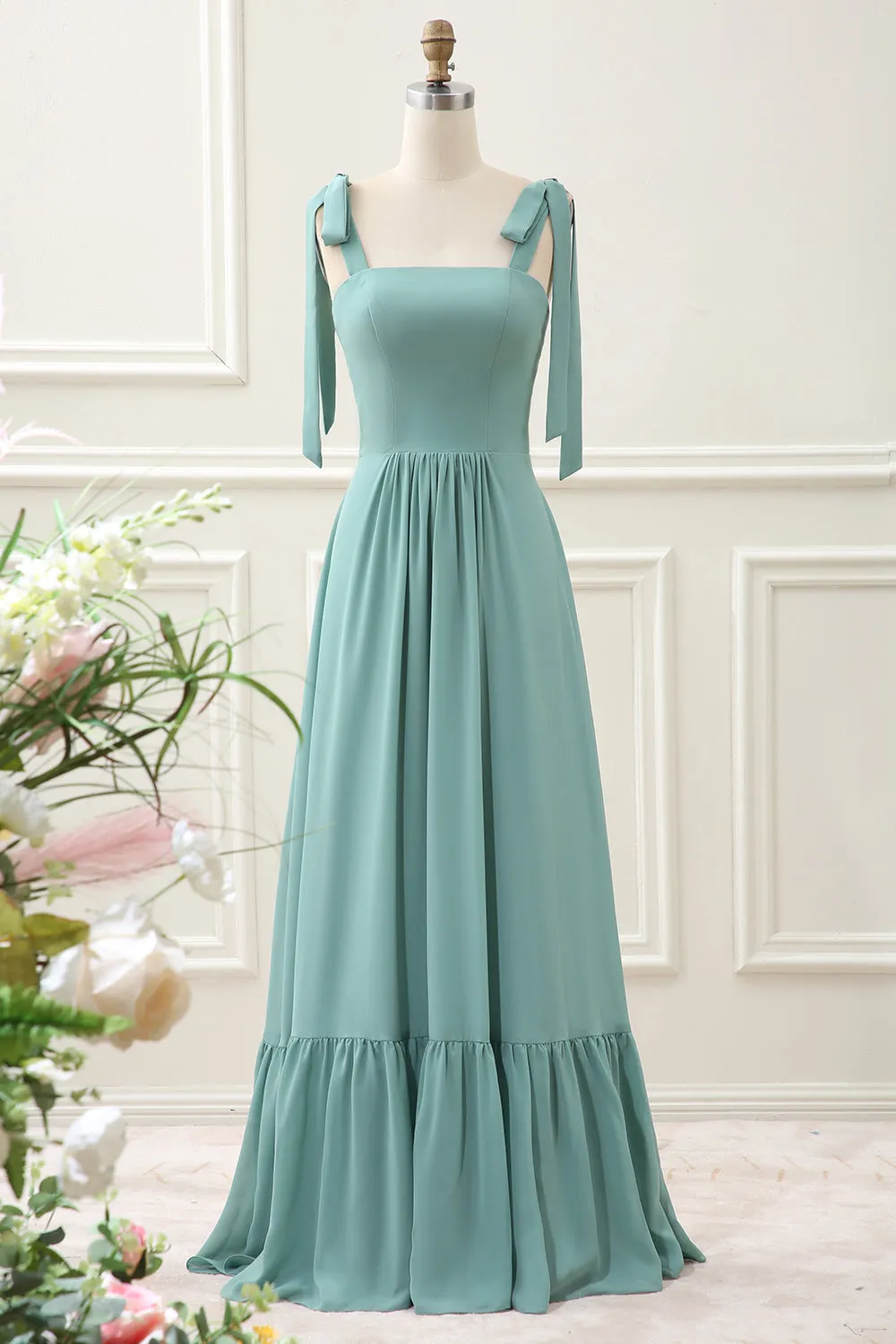 Eucalyptus A Line Chiffon Maxi Dress with Pleated