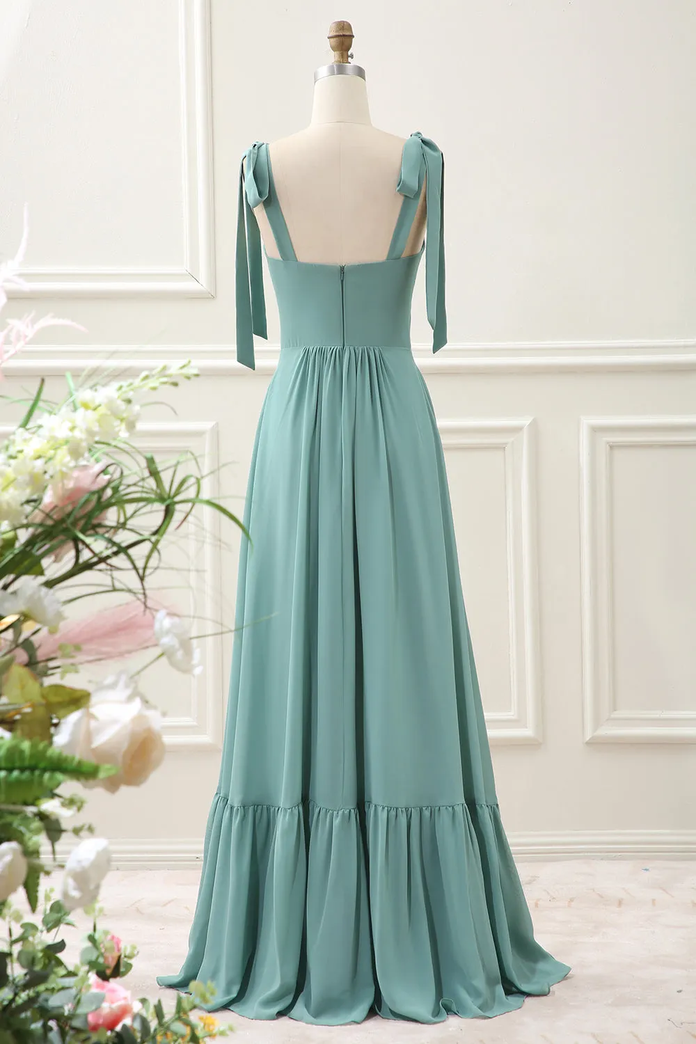 Eucalyptus A Line Chiffon Maxi Dress with Pleated