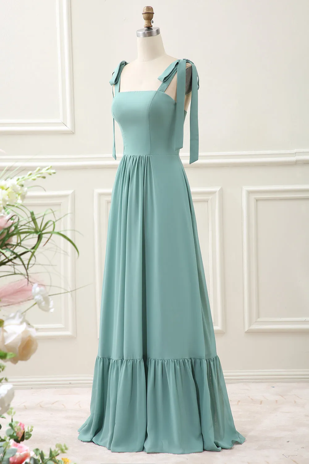 Eucalyptus A Line Chiffon Maxi Dress with Pleated