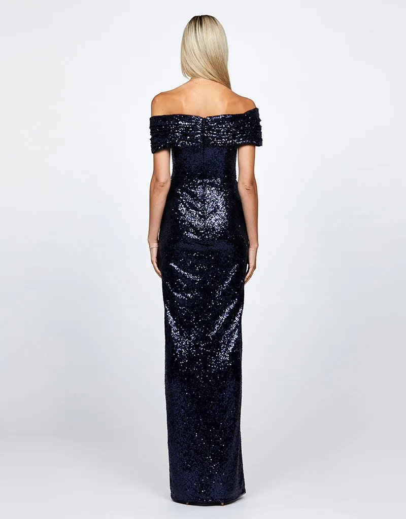 EVANIE DRAPED OFF SHOULDER SEQUIN GOWN B68D12L