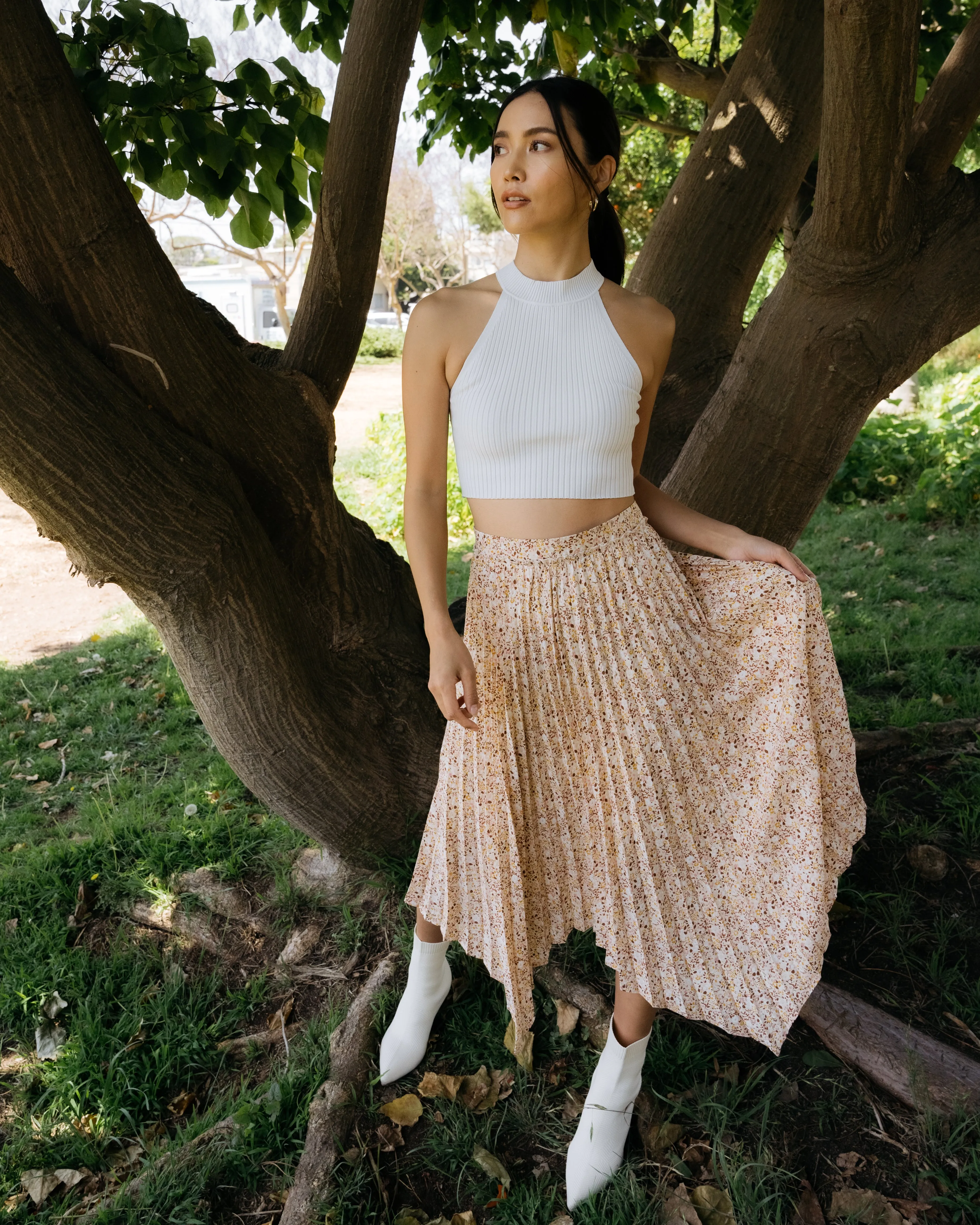 Fall Floral Printed Pleated Skirt