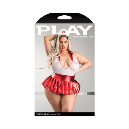 Fantasy Lingerie Play Pulse Check Collared Teddy with Open Back: Pleated Skirt: Medic Hat & 1 pair of Pasties Costume 1XL/2XL