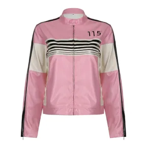 Fashion Pink Stripe Autumn Winter Jacket Women Spliced Zip Up PU Leather Coat Streetwear Coquette Clothes Outwear New