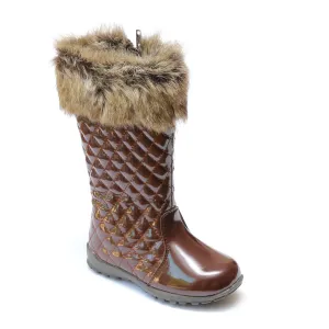 FINAL SALE - L'Amour Girls Patent Brown Faux Fur Cuff Boots