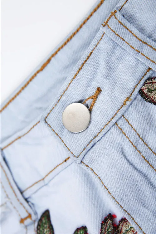 Floral Embroidered Hollow-out Denim Shorts