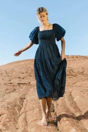 Floral Embroidered Puff Sleeve Dress in Navy - FINAL SALE