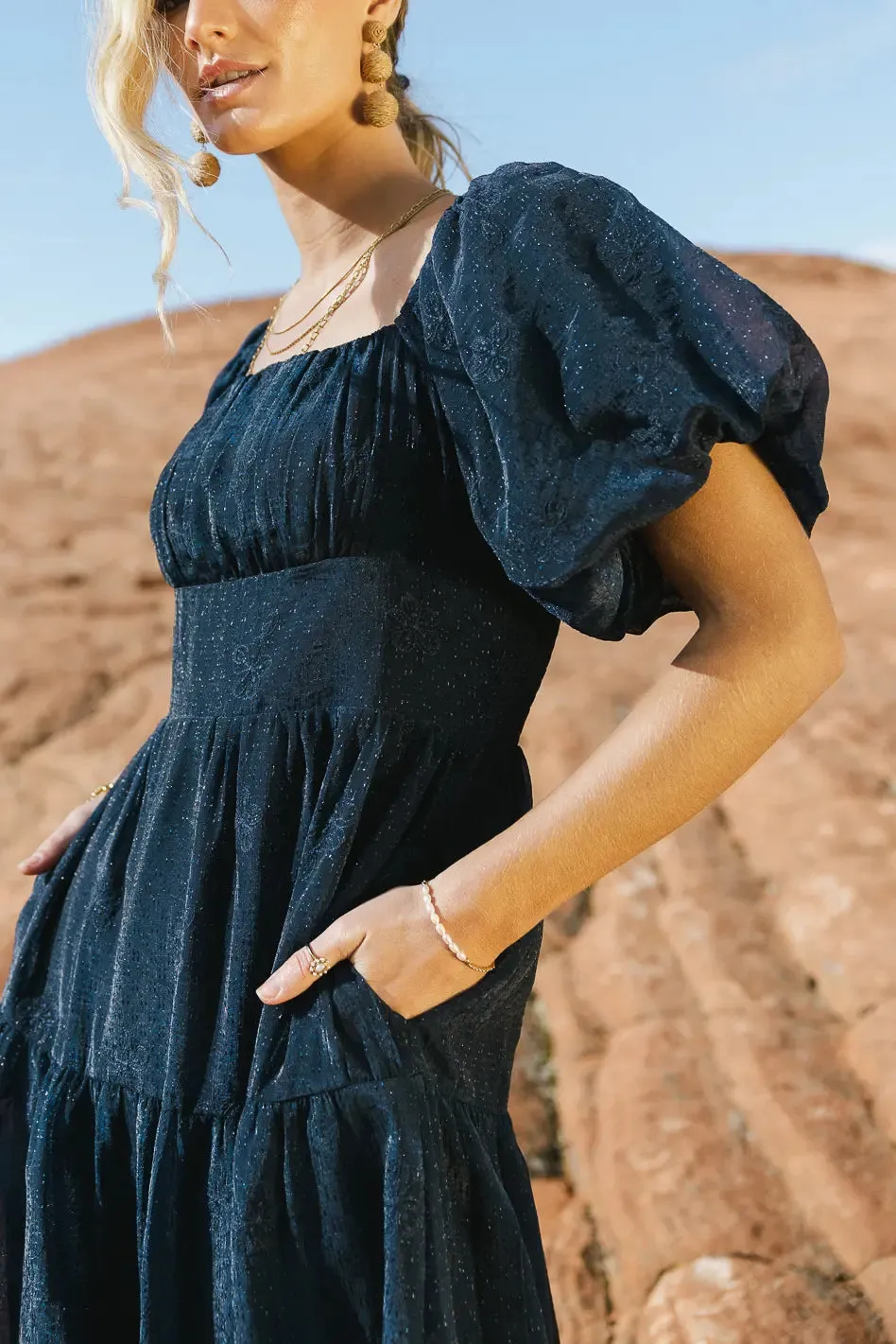 Floral Embroidered Puff Sleeve Dress in Navy - FINAL SALE