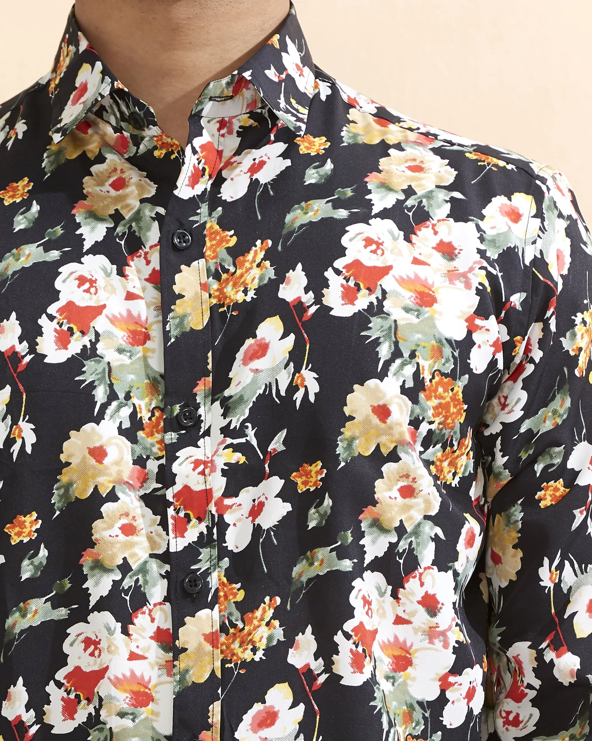 Full Sleeves Black Crepe Casual Printed Men's Shirt