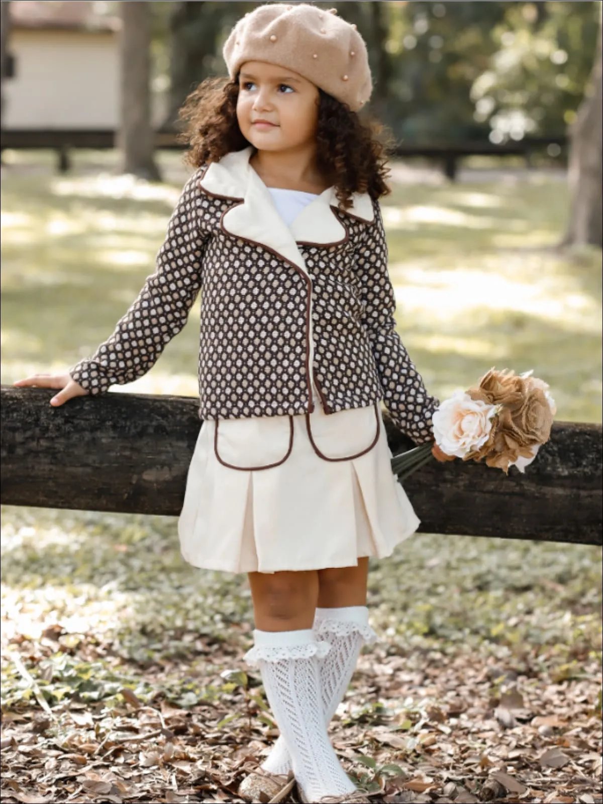 Girls Preppy Mocha And Beige Polka Dot Tweed Collared Blazer And Matching Pleated Pocket Skirt Set